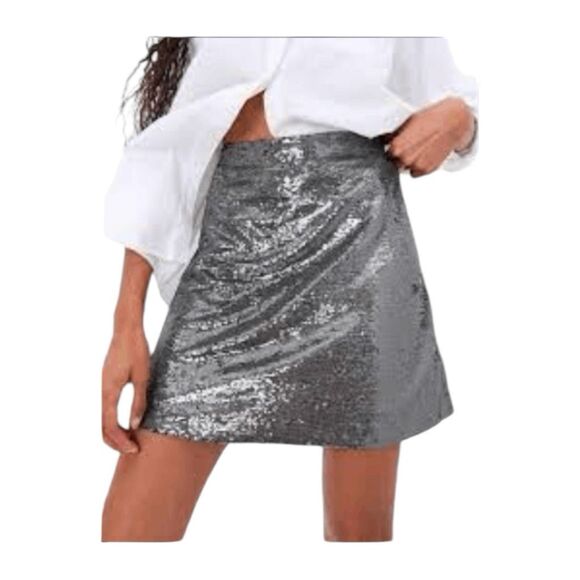 Gap Silver Recycled Sequin Metallic Mini Skirt Grey Zipper Closure 10 - Picture 1 of 9
